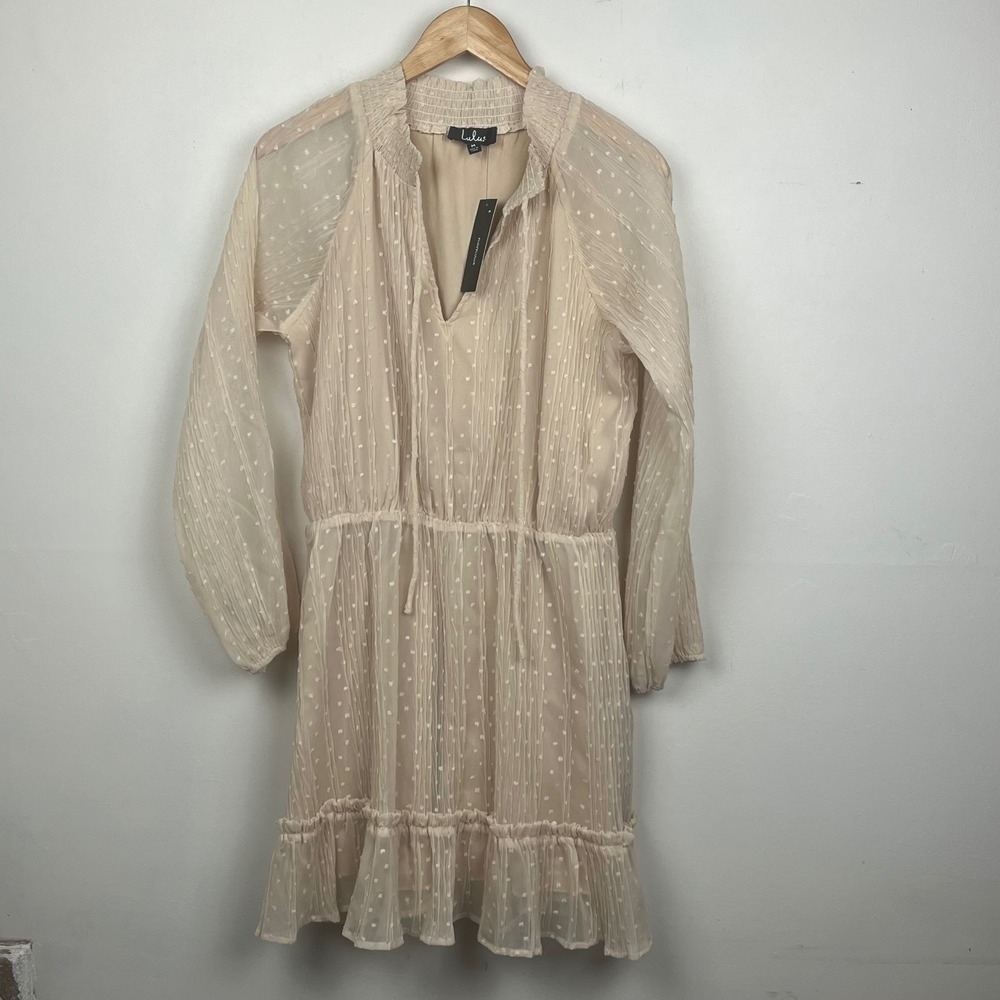 Lulus NWT Swiss Dot Ruffle Mini Dress M Beige Cottagecore Whimsical